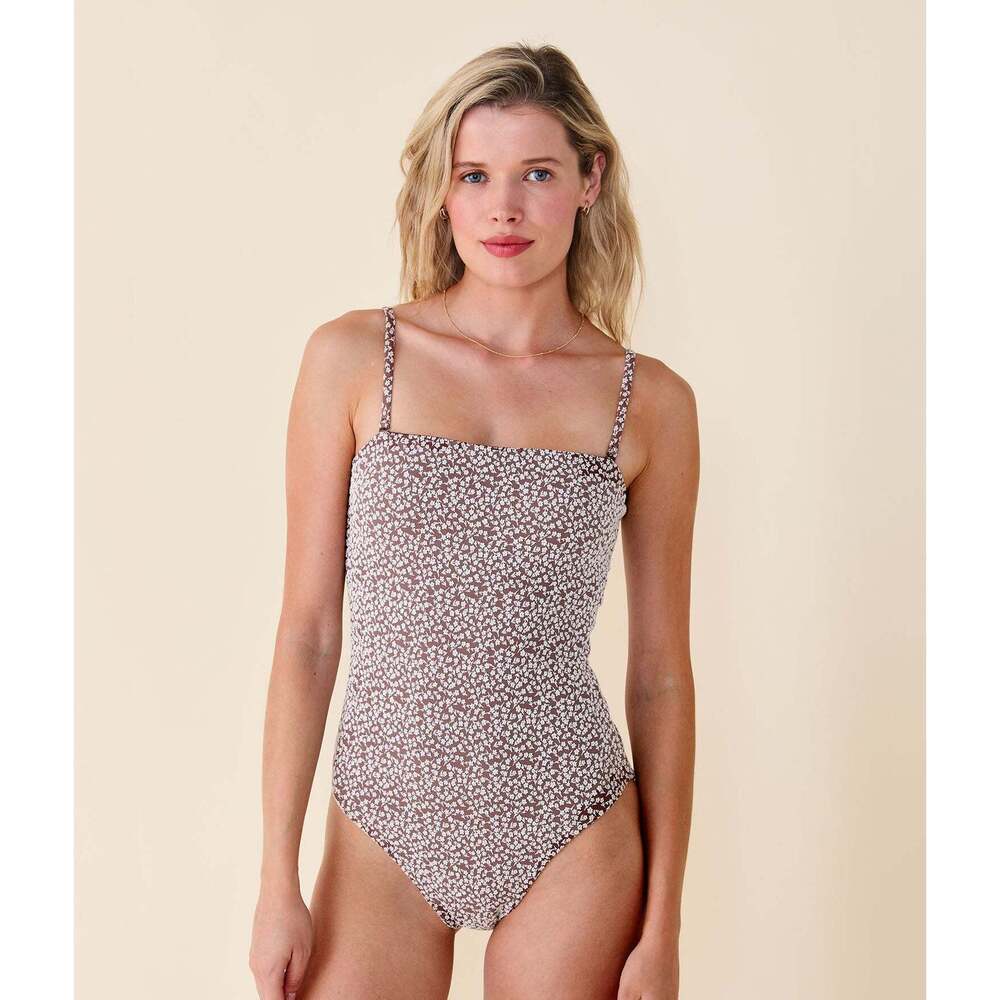 Andie Taupe Micro Floral Square-Neck One-Piece